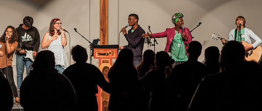 SPU's praise and worship band performs at chapel on the road.