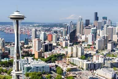 A view of the Space Needle and a backdrop of downtown Seattle
